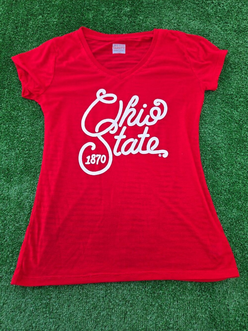 The Ohio State University red v-neck short sleeved t-shirt